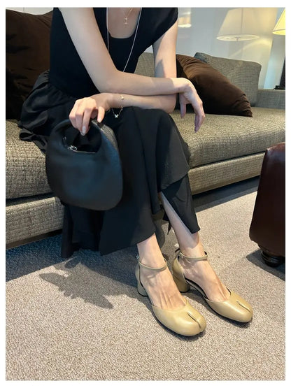 Women Split Toe Ninja Tabi Pumps Woman 5cm Heels Mary Janes Round Heels Shoes Buckle Strap Shallow Sandals Shoes For Party Mules