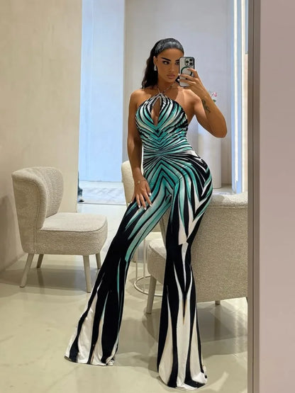 Y2K Geometric Gradient Stripe JumpsuitTie Halter Front Keyhole Backless Slim Fit Flared Floor Length Pants Night Out Clubwear