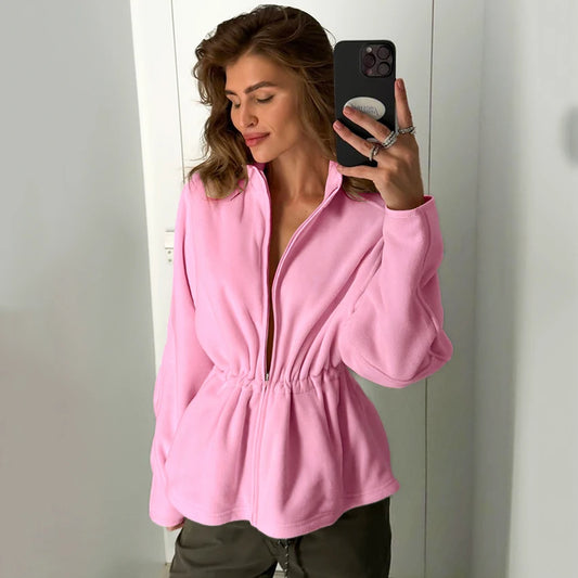 Linad Street Chic Pink Polar Fleece Zipper Sweatershirt 2026 Casual Slim Stand Collar Coats Women Fashion Long Sleeve Outerwear