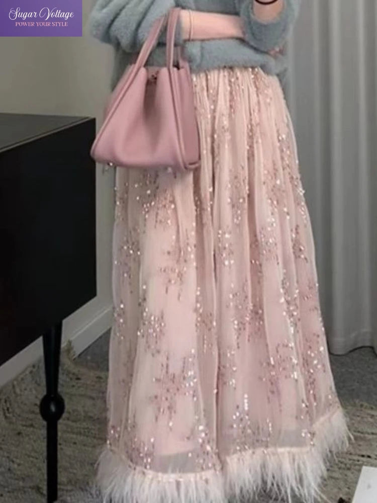 American Vintage Pink Sequin Maxi Skirt Women High Waist Slim Fit Long Skirt Feather Hem Elegant Sweet Shiny Party Date Outfit