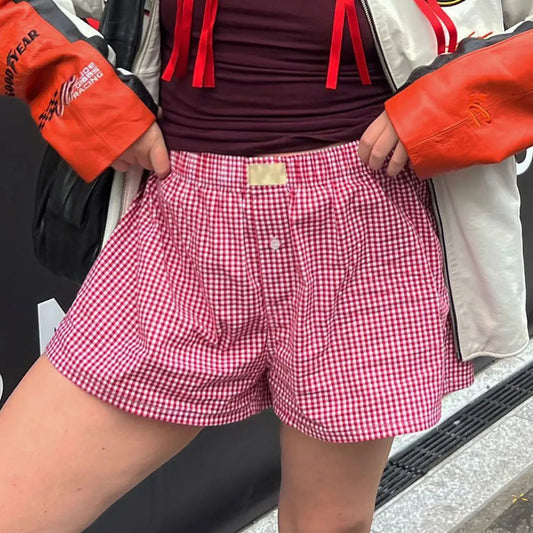 hirigin Women Y2k Gingham Boxer Shorts Stripes Button Elastic Waist Boxers Cute Mini Bloomers Plaid Loose Fit Boy Shorts