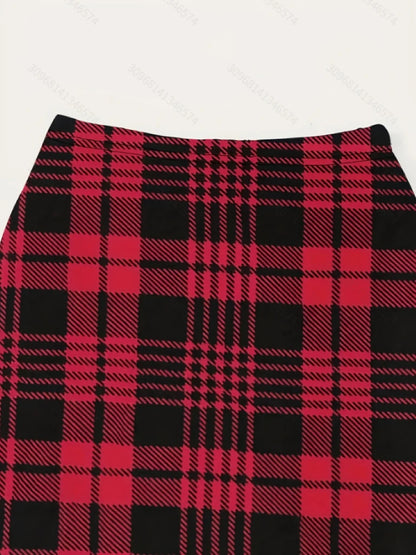 Sweet Cool Girl Red & Black Plaid High-Waist Bodycon Midi Skirt, Elastic Slim-Fit Pencil Skirt
