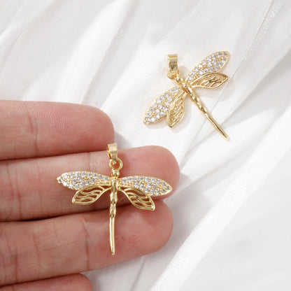 2PCs Brass Insect Pendant For Necklace Making 18K Gold Plated Micro Pave Clear Cubic Zirconia Dragonfly Charms DIY 29mmx29mm