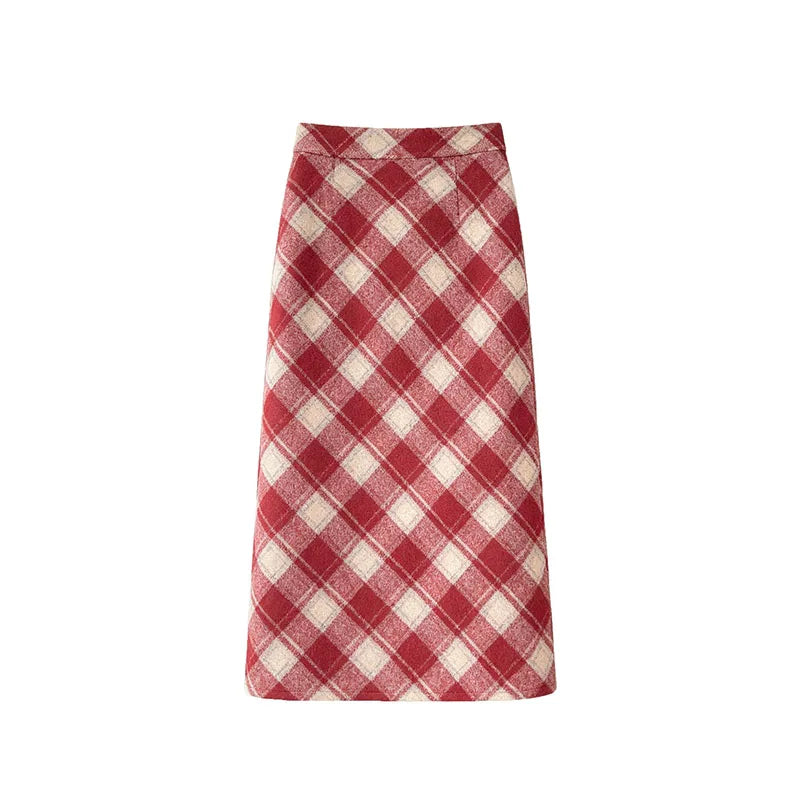 Plaid Woolen Skirts Women New Fashion 2026 Autumn Winter High Waisted Straight Midi Skirts Woman Preppy Style Retro Long Skirt