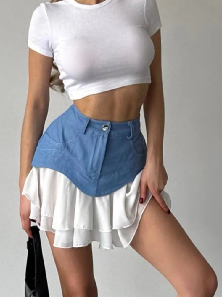 Women Denim Patchwork Mini Skirt High Waist Ruffled Chiffon Layered Skirt Y2k A‑line Short Skirt Streetwear Party Club Outfits