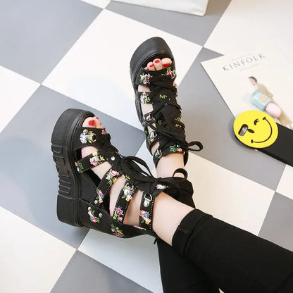 Summer New Women Wedge Sandals Color Patchwork Cross Lace-up High Heels Roman Shoes 12cm Fish Mouth Broken Flower Platform Shoes