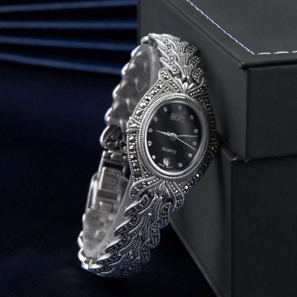 Thailand Silver Solid 925 Sterling Silver Marcasite Luxury Wrist Watches Jewelry Leopard Women's Quartz Watches New Trend