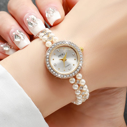 Fashion Women's Watches Ladies Imitation Pearls Alloy Band Analog Quartz Wristwatch Reloj Mujer（Without Box）