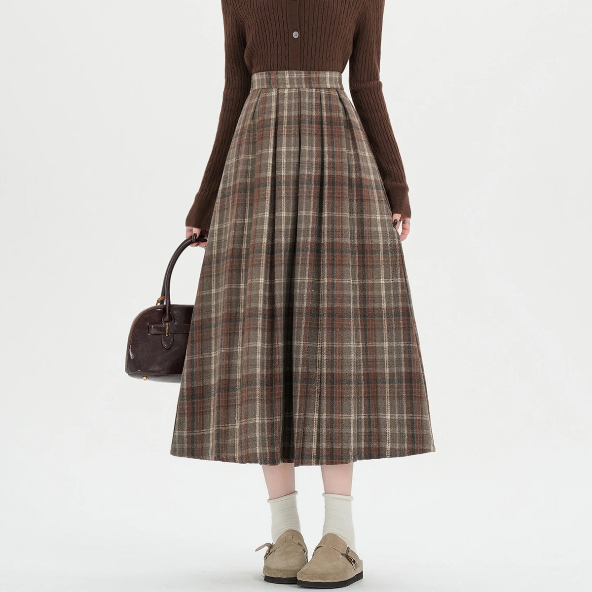 2026 Fall Winter Women‘s Plaid Pleated Midi Skirts High Waist A-Line Flared Swing Skirt Casual College Style