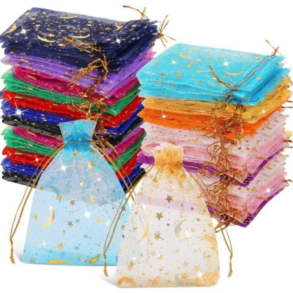 50/100pcs Multiple-sizes Printing Star Moon Organza Sack Drawstring Charm for Jewelry Gifts Display Packaging Bags