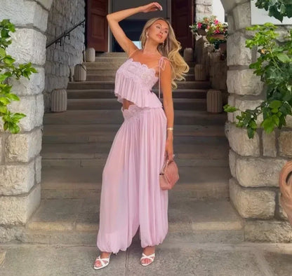 Women Pink Chiffon Lace Trim Pants Suit Sleeveless Strap Crop Top Boho Holiday Matching Sets 2026 Seaside Vacation Casual Outfit