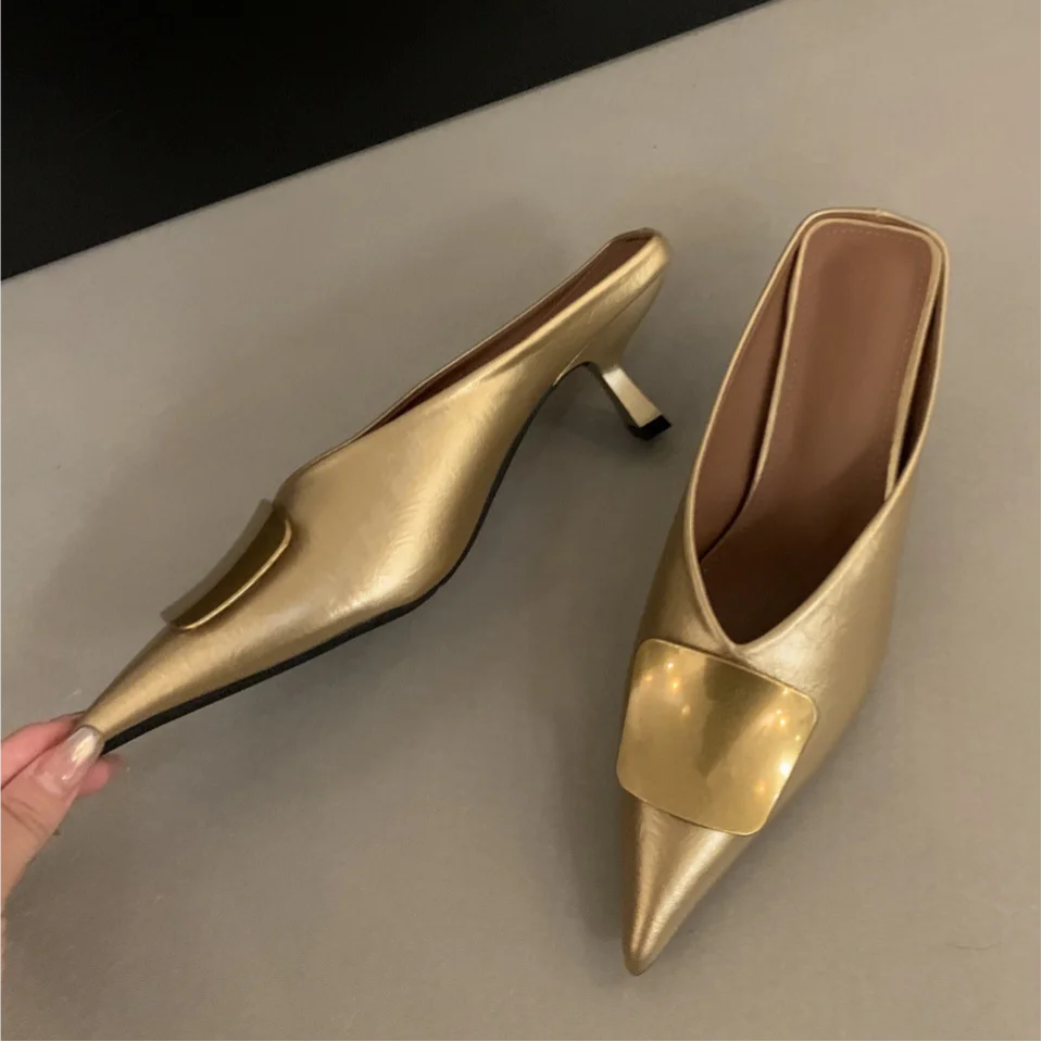 Maogu Luxury Slides Pointed Toe Ladies Shoes Summer Fashion Footwear Thin Mid Heels Shoe Slides Slippers Women 2025 Chain Mules