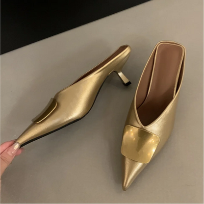 Maogu Luxury Slides Pointed Toe Ladies Shoes Summer Fashion Footwear Thin Mid Heels Shoe Slides Slippers Women 2025 Chain Mules