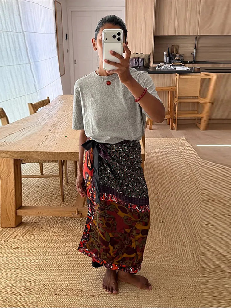 High Waist Wrap Tie Midi Skirt Color Block Abstract Floral Patchwork Print Flowy Satin Skirts 2026 Summer Holiday Boho Chic Wear