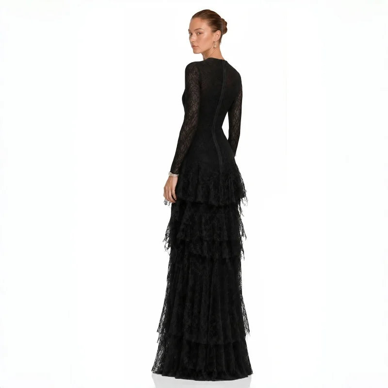 New French Retro Dress With V-Neck Bow Cinched Waist Flared Sleeves Lace Cake Dress Slim Fit Evening Gowns Custom Made