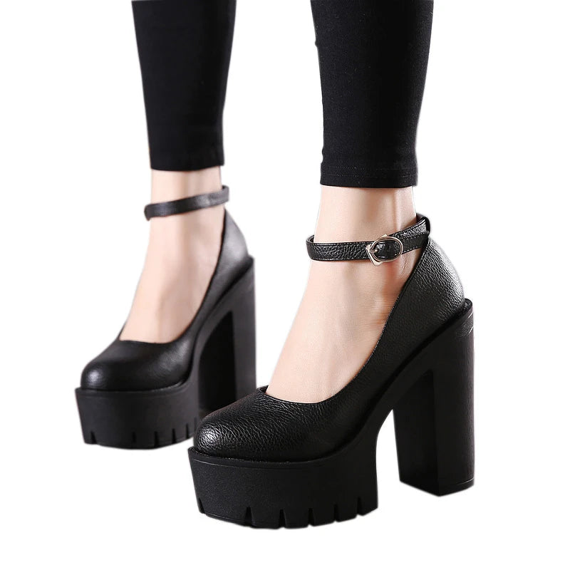 Spring Autumn Casual High Heels Shoes Sexy Chunky Heel Platform  Shoes White Black Size 42 Single shoes