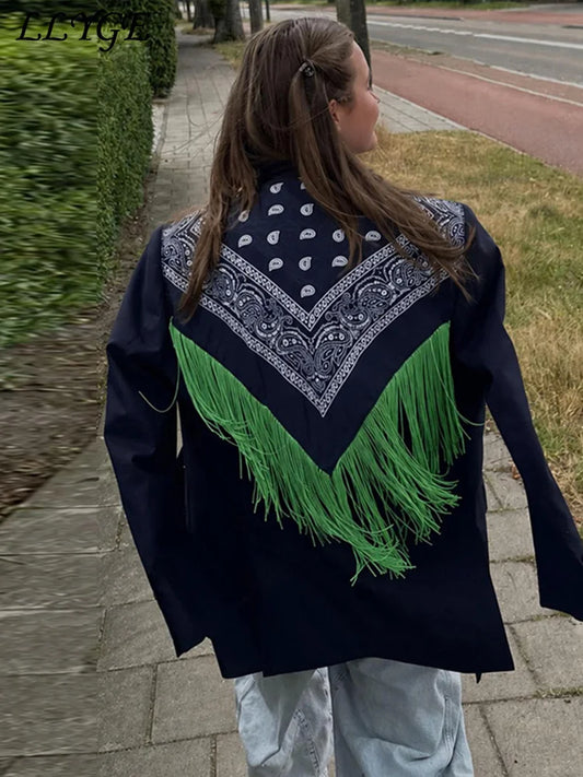 Fashion Women's Bandana Paisley Tassels Blazer Loose Lapel Single Breasted Full Sleeve Female Suit Jackets 2026 Autumn Outwear