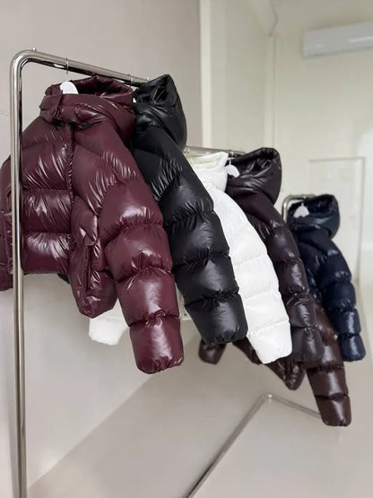 Hooded Glossy Women Winter Coat Loose Thicken Long Sleeve Elastic Hem Jackets Oversized Stand Collar Warm Street Outerwear Lady
