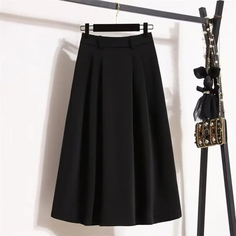Draped Suit Style Midi Skirt A-Line Silhouette High Waist Korean Style plus Size Women's Clothing Summer Thinming Belly Covering