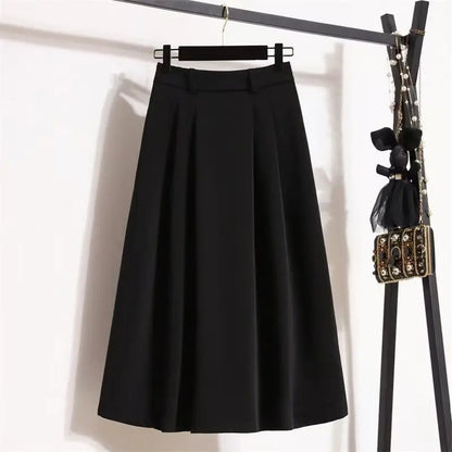 Draped Suit Style Midi Skirt A-Line Silhouette High Waist Korean Style plus Size Women's Clothing Summer Thinming Belly Covering