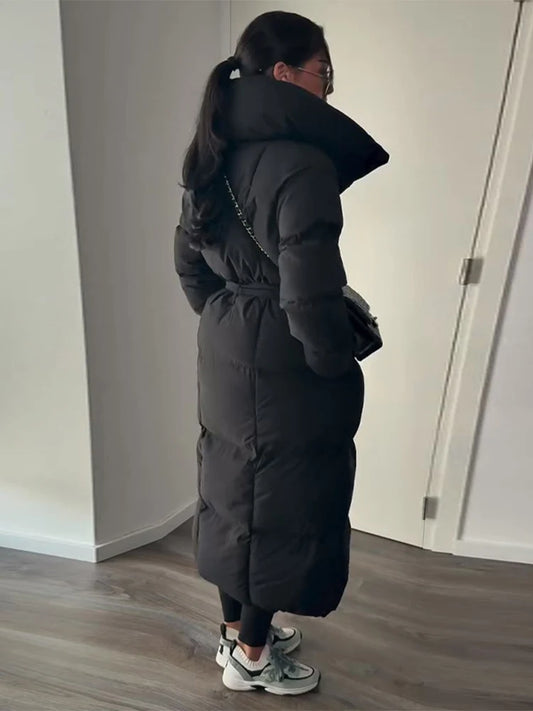 Winter Warm Stand Neck Long Lace Up Down Jackets Women Fashion Solid Ruff Soft Waist-cinching Coat Female Winter Chic Jackets