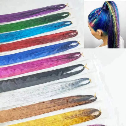 Laser Holographic Hair Tinsel Extensions Rainbow Metallic Shiny Glitter Hair Strand Sparkly Synthetic Hair for Braiding Festival