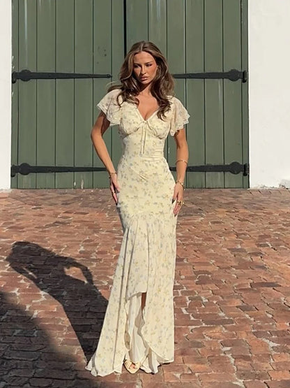 Organza Floral Printed Maxi Dress Women V Neck High Split Puff Sleeve Waist Cinching Ruffle Long Dresses Vacation Summer Outfits