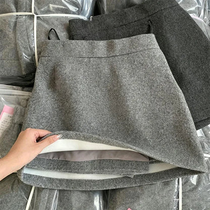 2026 New Gray Thicken Woolen Skirts Women Autumn Winter High Waist Anti-Glare Short Skirt Female Solid Simple Blended Skirts