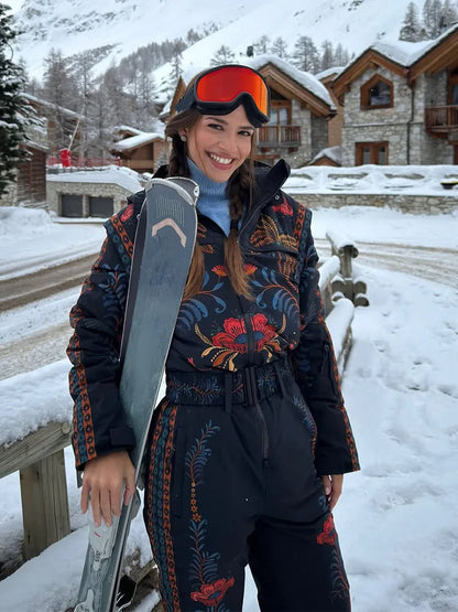 Women Floral Print Hooded Ski Set Stand Belt Waist Zipper Straight Jumpsuit Retro Fashion Sheath Warm Sport Winter 2026 Skiwear