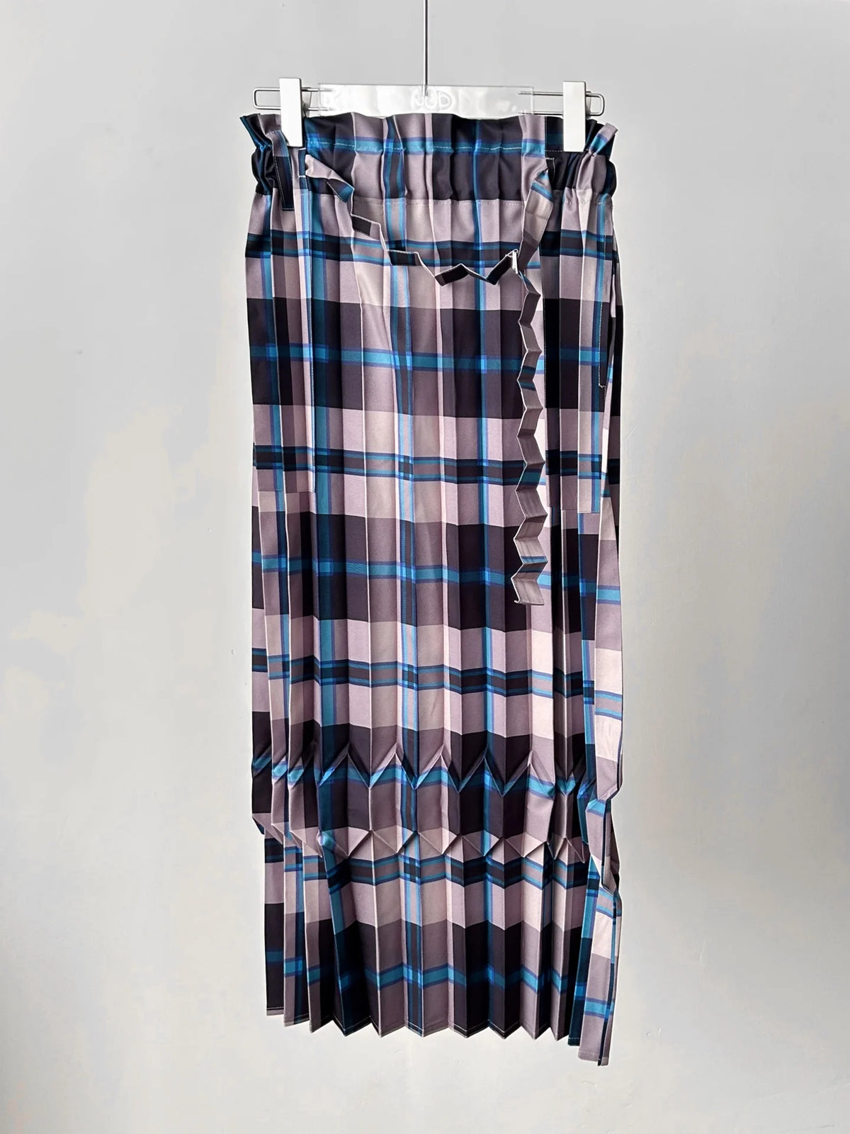 Vibrant Red-Blue Plaid Miyake Pleated Midi Skirt Ruffled Waistband Self-Tie Belt Women Casual Daily Office Weekend Brunch Skirt