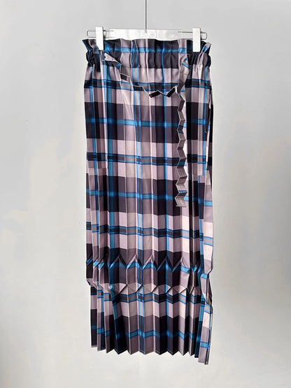 Vibrant Red-Blue Plaid Miyake Pleated Midi Skirt Ruffled Waistband Self-Tie Belt Women Casual Daily Office Weekend Brunch Skirt