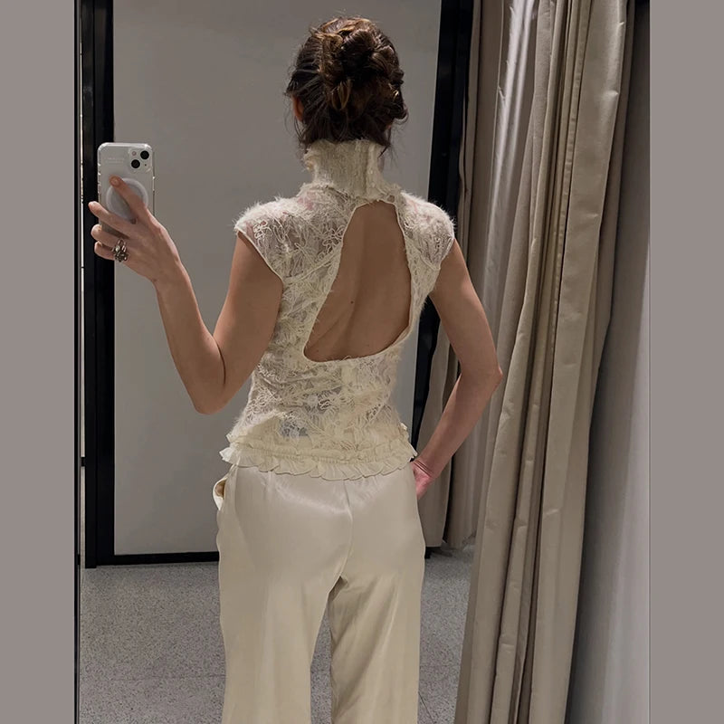 Elegant High Neck Cutout Lace Tank Tops Women Sleeveless Open Back Ruffles Hem Slim Ivory Floral Blouse 2026 New Daily Date Wear