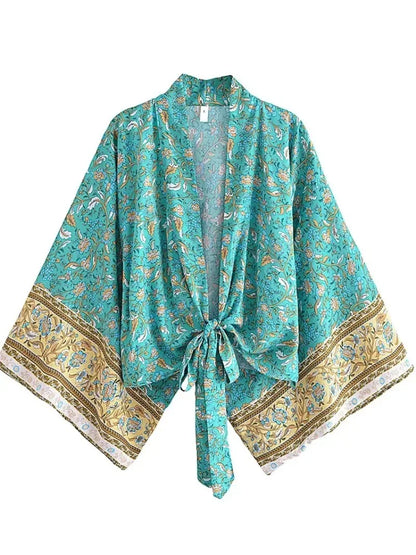 Vintage Multi Floral Boho Kimono Short Robe Swimsuits Women Fashion Batwing Sleeves Rayon Bohemian Bikini Cover Ups Beachwear
