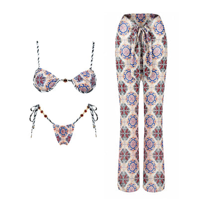 Push Up 2026 New Retro Prints 3 Pieces Bikinis Sets With Mesh Pants Beachwear Sexy Women's Swimsuit Cover-ups Strappy Beach Wear