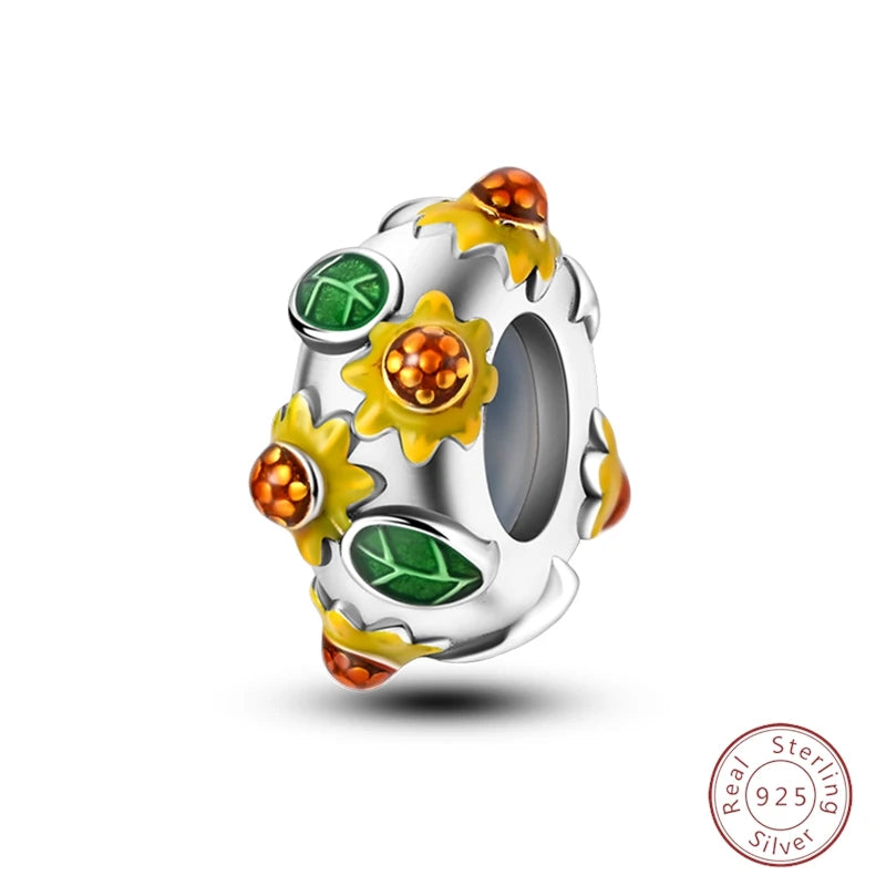 Spring Day 925 Sterling Silver Sunflower Azalea Peony Butterfly Flower Charms Beads Fit 3mm Bracelets DIY Fine Jewelry Making