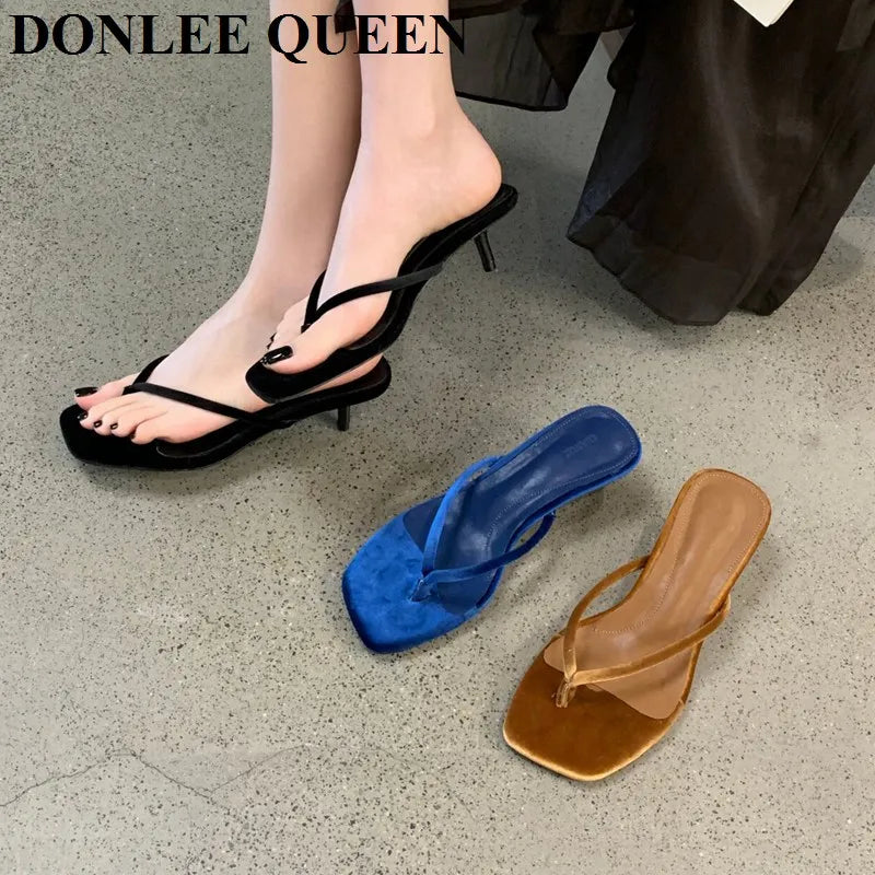 Fashion Brand High Heel Slippers Women Slip On Slide Narrow Band Sandals Shoes Casual Female Slipper Big Size 40 Sandalias Mujer