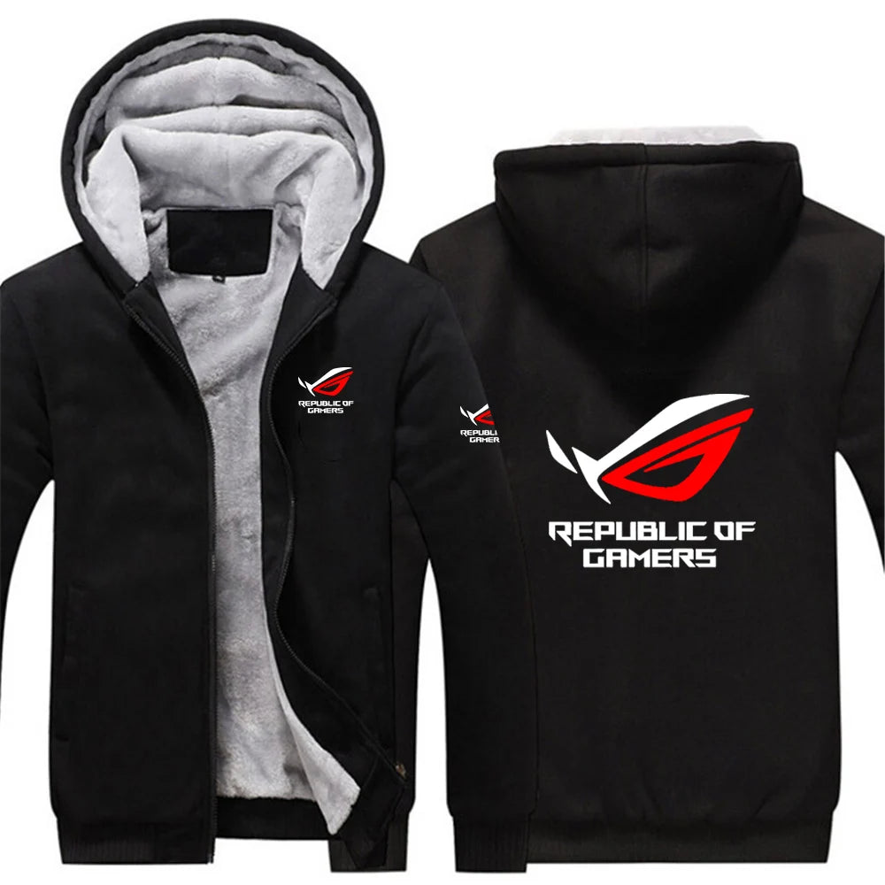 2025 Autumn Winter Cardigan Long Sleeve Thickened Hoodies Men's ROG Republic Of Gamers Print Cold-Proof High Street Hooded Coats