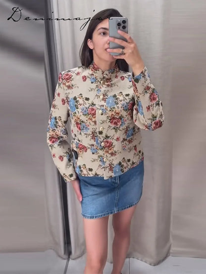 Fashion Flowers Print Coat Women's Stand Collar Single-breasted Full Sleeve Loose Jacket 2026 Autumn New Lady Vintage Streetwear