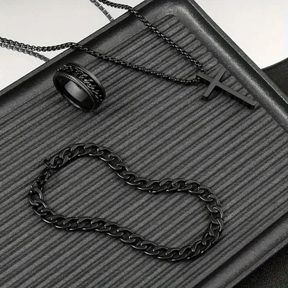 Hip Hop Fashion Cross Pendant Necklace Bracelet Chain Ring Men's Set Simple Personality Party Three Piece Jewelry Accessories