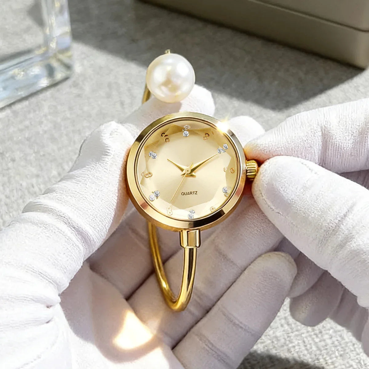 2pcs Exquisite Women Slim Bangle Watch Bracelet Set  Elegant Pearl Ladies Quartz Wristwatches Reloj Mujer（Without Box）