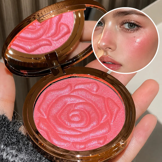 Rose Embossed Shimmer Blush Powder, Glitter Highlight Blush, Brighten Skin Tone Long Lasting Pearlescent Face Makeup With Mirror
