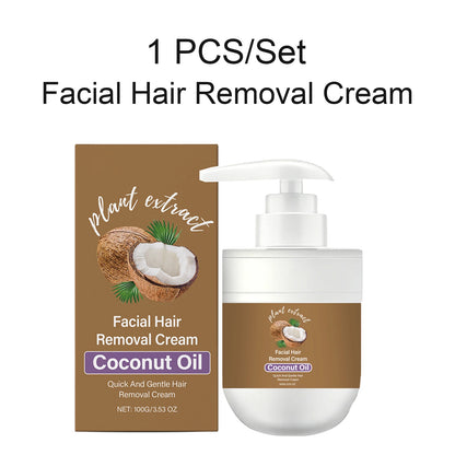 Facial Hair Removal Cream & After Care Roll On Oil Set Coconut Gentle Formula Smooth Skin Soothing Face Armpit Leg Nourishing