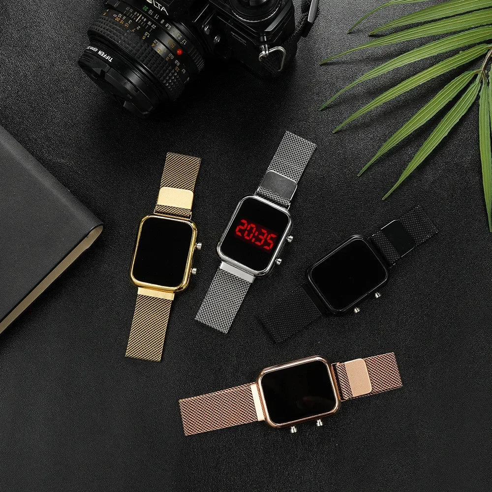 Fashion Rectangle Women LED Digital Watches Luxury Rose Gold Magnetic Mesh Band Electronic Wristwatches Ladies Clock Reloj Mujer