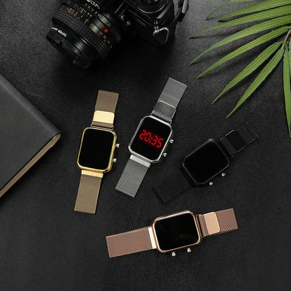 Fashion Rectangle Women LED Digital Watches Luxury Rose Gold Magnetic Mesh Band Electronic Wristwatches Ladies Clock Reloj Mujer