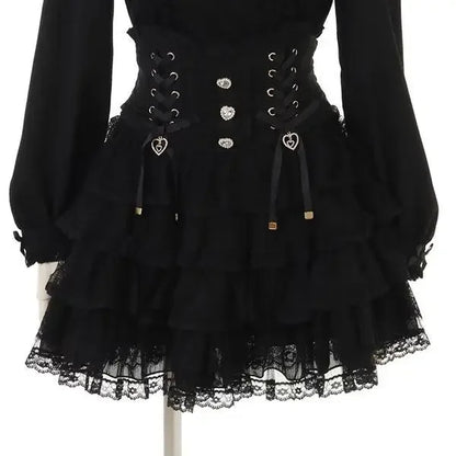 Japanese Lolita Lace Layered Skirt Women Anime High Waist Maid Style Sweet Ruffle Cake Skirt Kawaii Harajuku A-Line Mini Skirt
