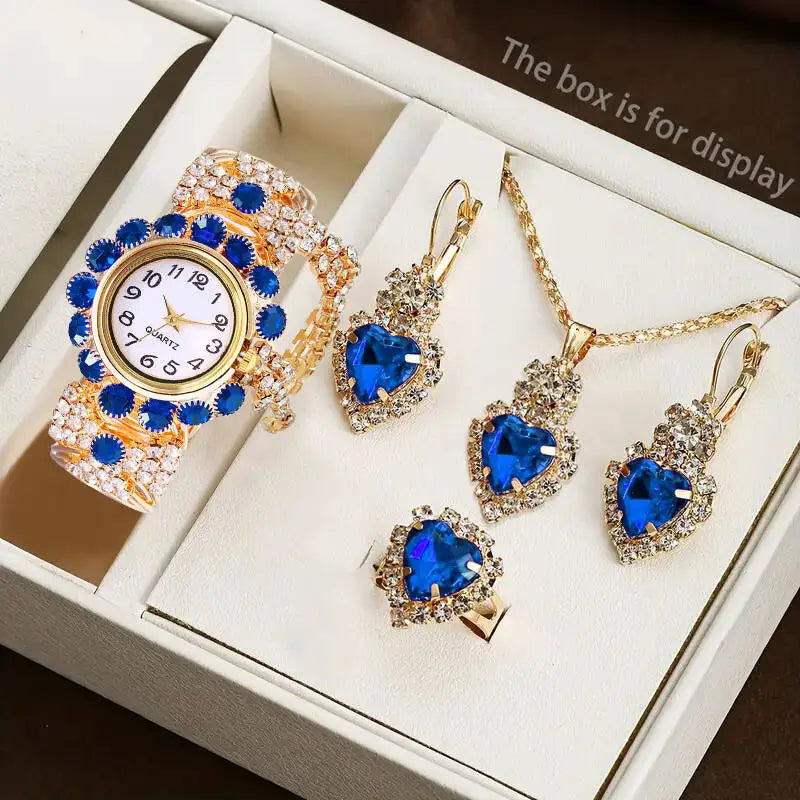 5PCS/Set Luxury Rhinestone Women Watches Fashion Adjustable Bangle Quartz Wristwatch Jewelry Set Relogio Feminino（Without Box）