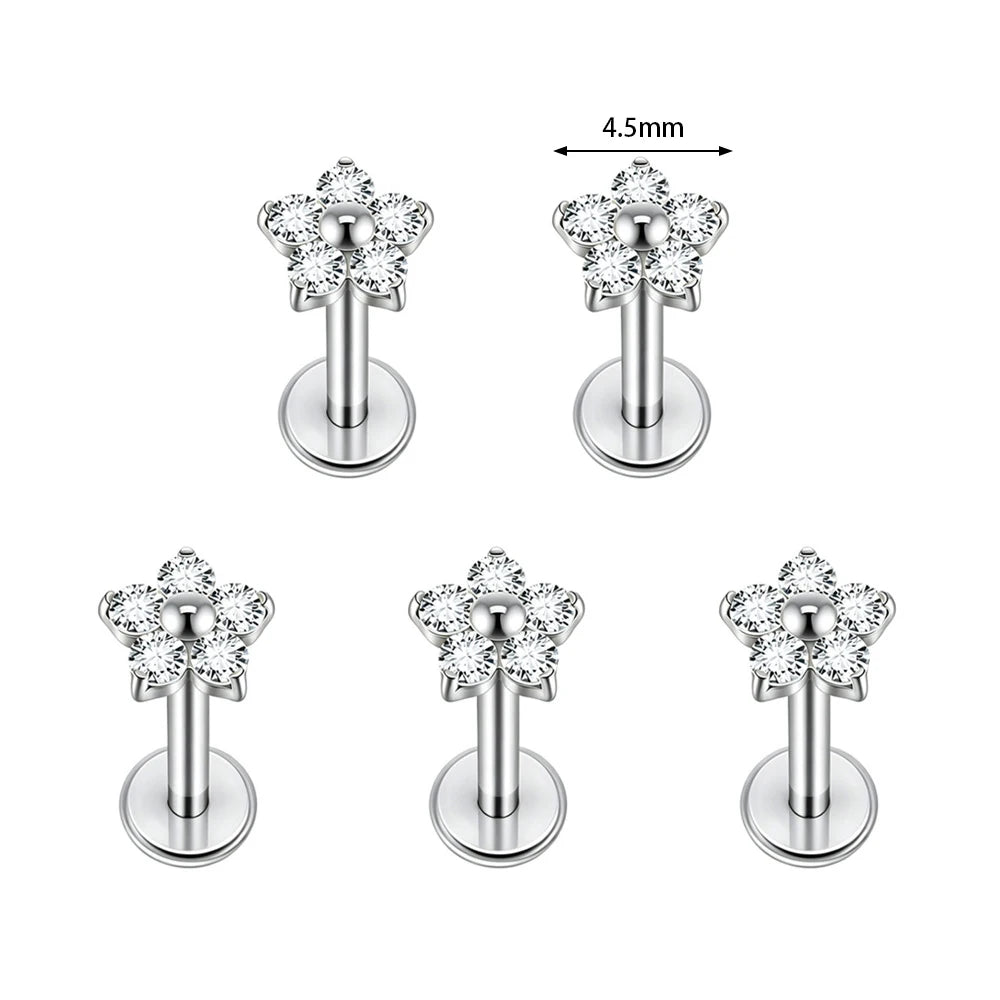 1/5PCS F136 Implant Titanium Earrings Stud,Trendy Flower Zirconia Cartilage Earrings,Tragus Conch Helix Piercing Jewelry