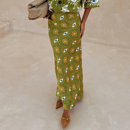 Vintage Pattern Print High Waist Maxi Skirts for Woman Elegant Slim Bodycon Skirt Spring Autumn Fashionable Long Skirts Harajuku