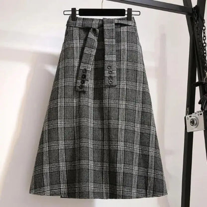 Plaid Striped Vintage A-line High Waist Buttons Lace Up Loose Women's Skirt Mid-Calf Long Skirts For Women Clothing Fashion 2024