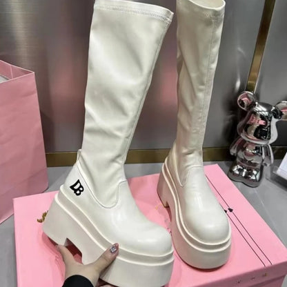 Autumn/winter New Round Toe Square Heel Fashionable Elegant Women's High Boots Thick Soles Retro Temperament Knight Boots
